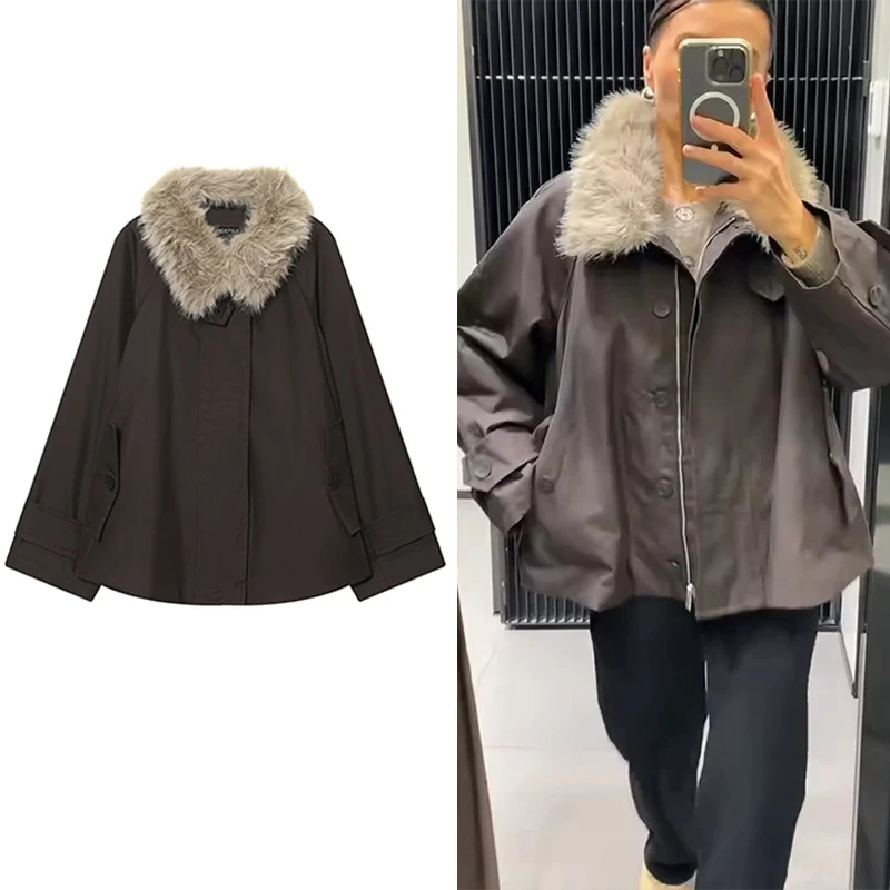 

Женская непромокаемая куртка, новинка 2024, осенне-зимняя мода, пальто с длинными рукавами и воротником из искусственного меха, женская уличная повседневная верхняя одежда