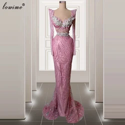 Long Sleeves Pink Evening Dresses For Women Mermaid Crystals Celebrity Dresses Robes De Soirée Red Carpet Runway Dresses