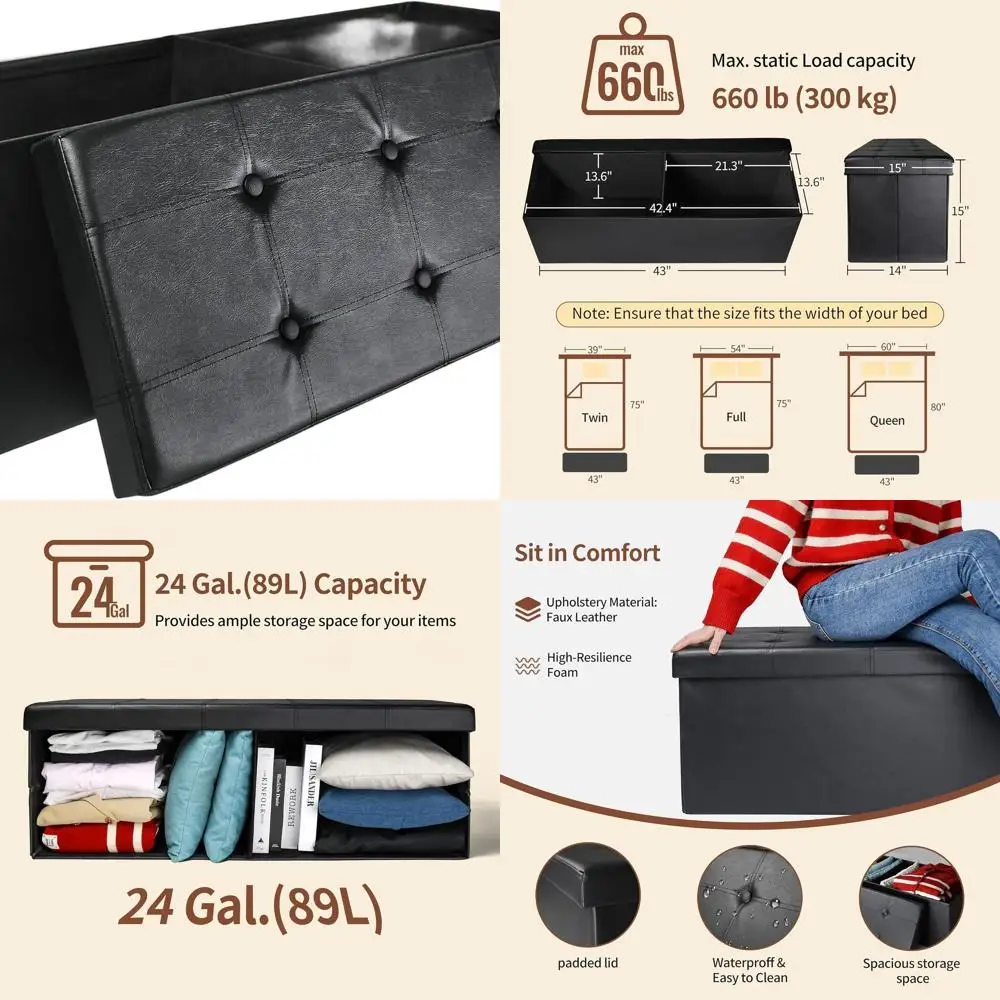 

Складной пуф-трансформер из искусственной кожи, вместимость 300 кг, многофункциональный ящик для хранения для дома, черный