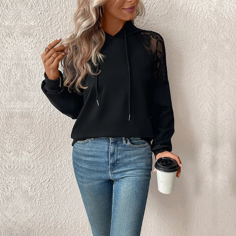 Women's Long Sleeve Hooded Black Sweater Autumn Fashion European And American Style Independent Station New Arrival