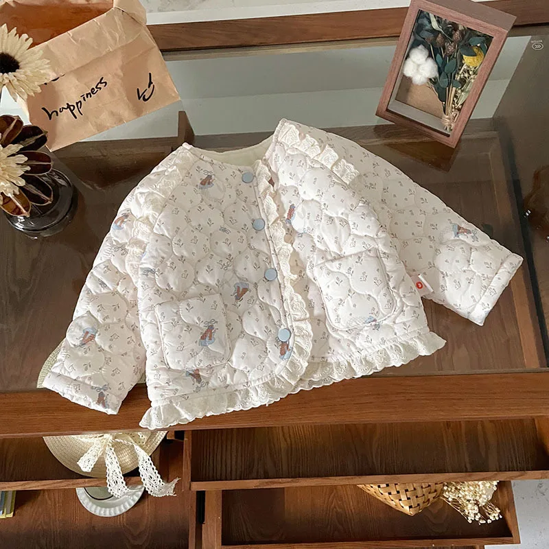 

UNITIM Toddler Kids Girls Jacket 2025 Winter Lace Flowered Pattern Thick Warm Children Girl Coat Versatile Little Girl Outerwear