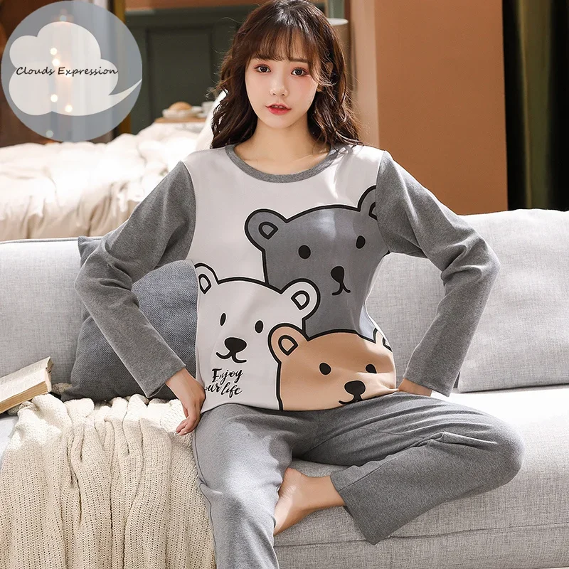 Spring Autumn Women\'s Sleep Lounge Pajama Long Sleeved Girl Pajama Set Cartoon Pyjamas Cotton Sleepwear M L XL XXL XXXL Fashion