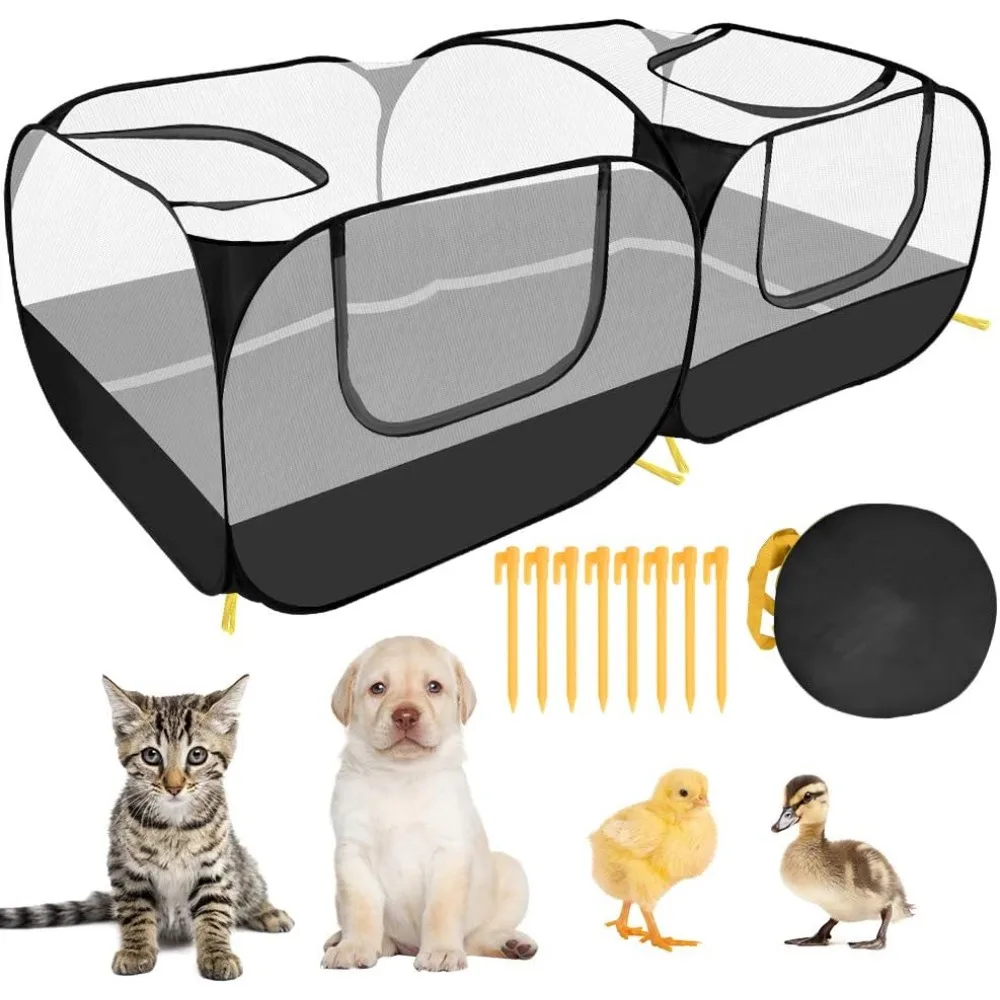 Small Animals Playpen, Portable Large Chicken Run Coop with Detachable Bottom Breathable Transparent Mesh Walls