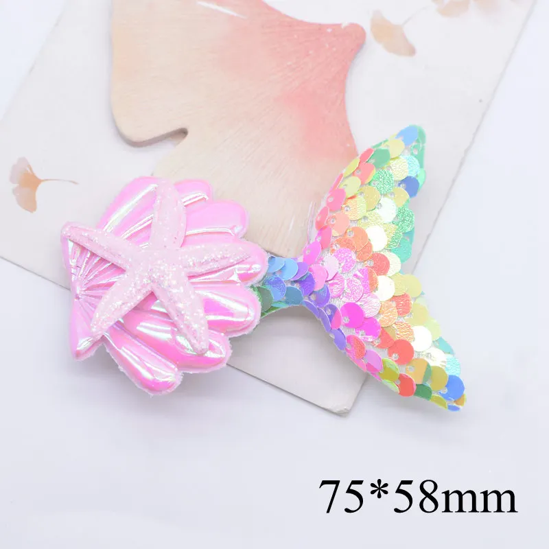 4Pcs 7.5CM Sequin Mermaid Tail Shell Starfish Patches Handmade Appliques Planar Headwear Decorations Accessories