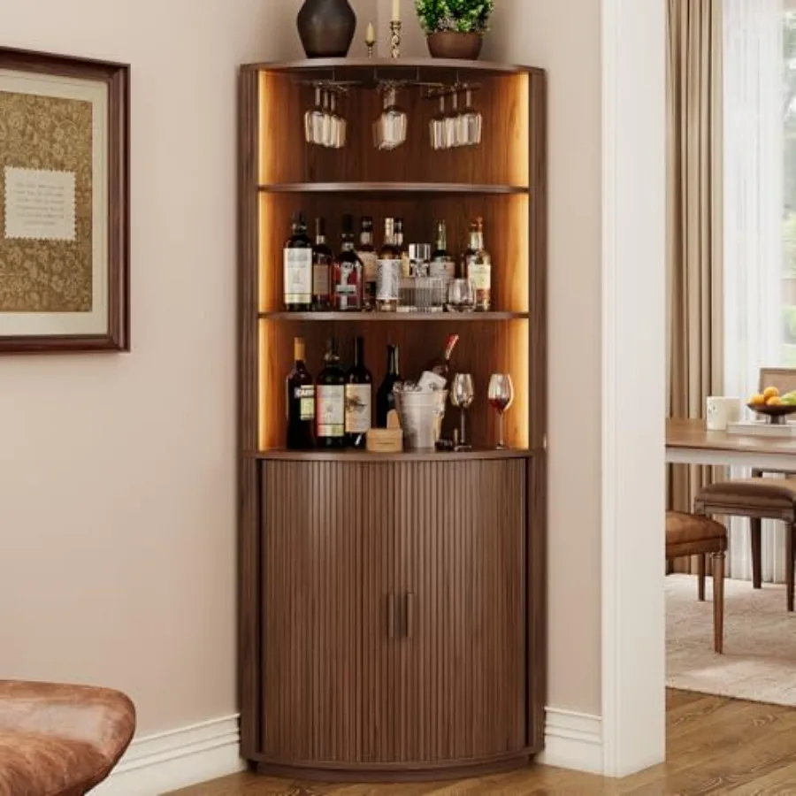 

Высокий угловой барный шкаф (72 дюйма) со светодиодной подсветкой, рифленый винный шкаф для бара с местом для хранения, современные шкафы для алкоголя в стиле середины века с раздвижными дверцами