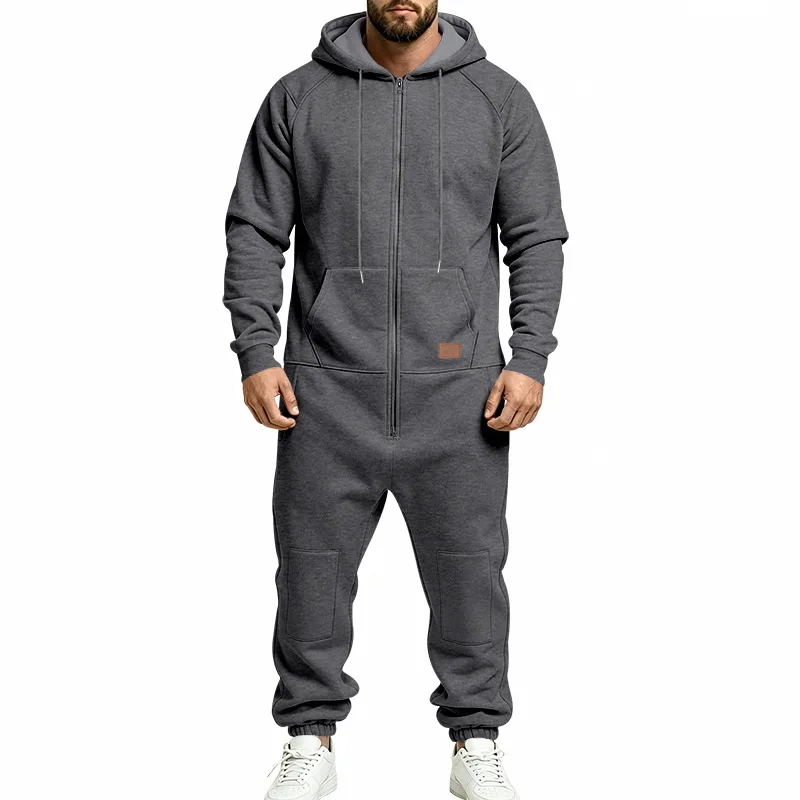 europe-america-spring-autumn-and-winter-outdoor-men's-hooded-fleece-onesie-solid-color-casual-onesie-tooling-set