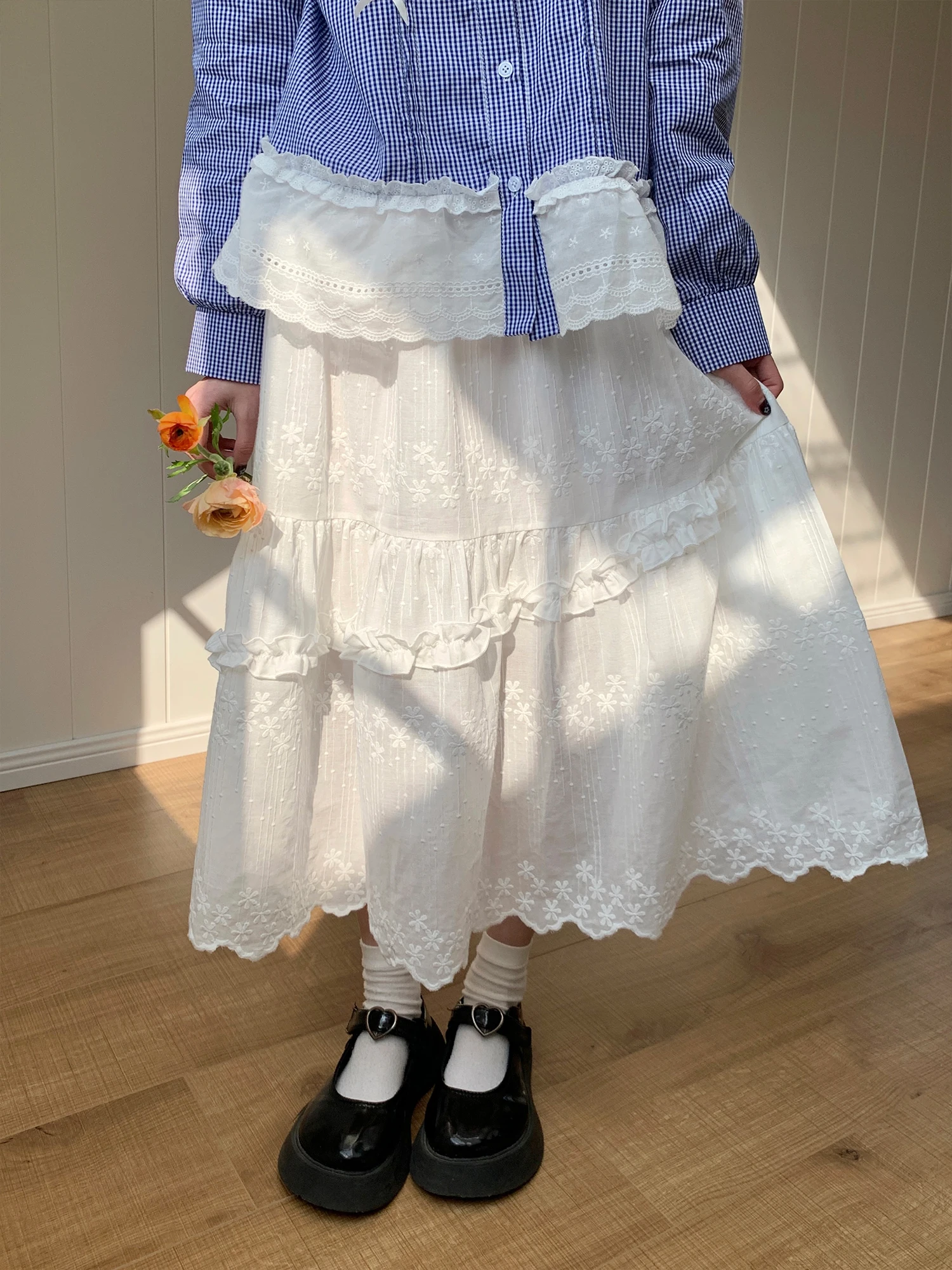 

Женская хлопковая юбка миди BibiBency с узором «ромашки», А-силуэт, средней длины, в нежном стиле, весенняя, свободного кроя, с отделкой по низу