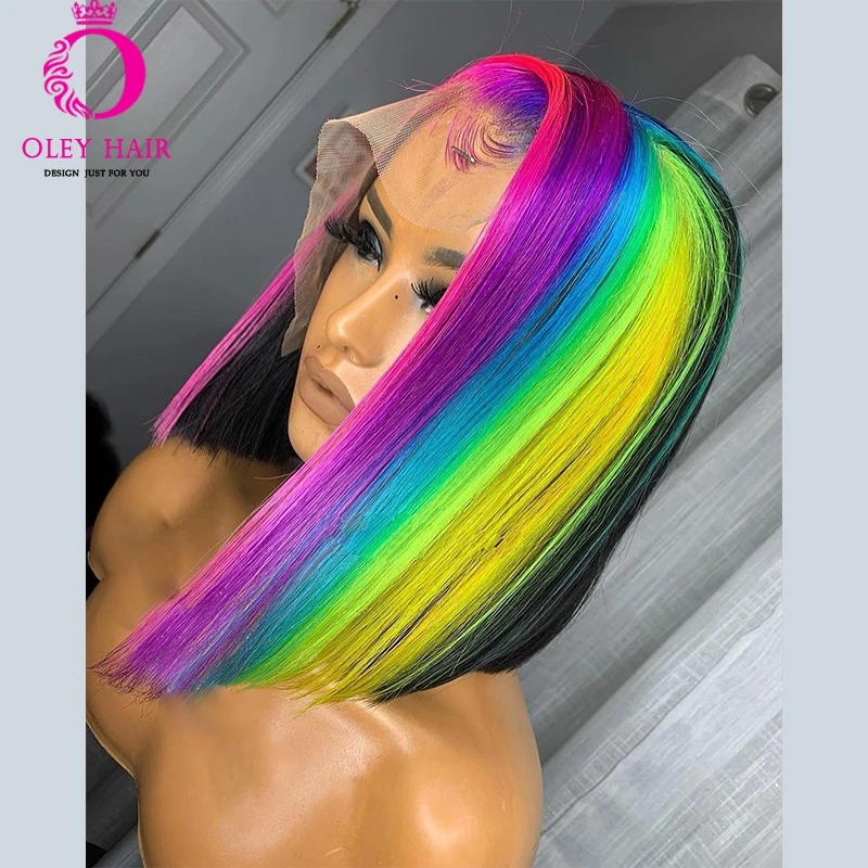 Sintético Lace Front Cosplay Perucas, Curto Bob, Pixie Cut, Blunt Half Rainbow Color, Preplucked, Cabelo Do Bebê, 13x4, 16"