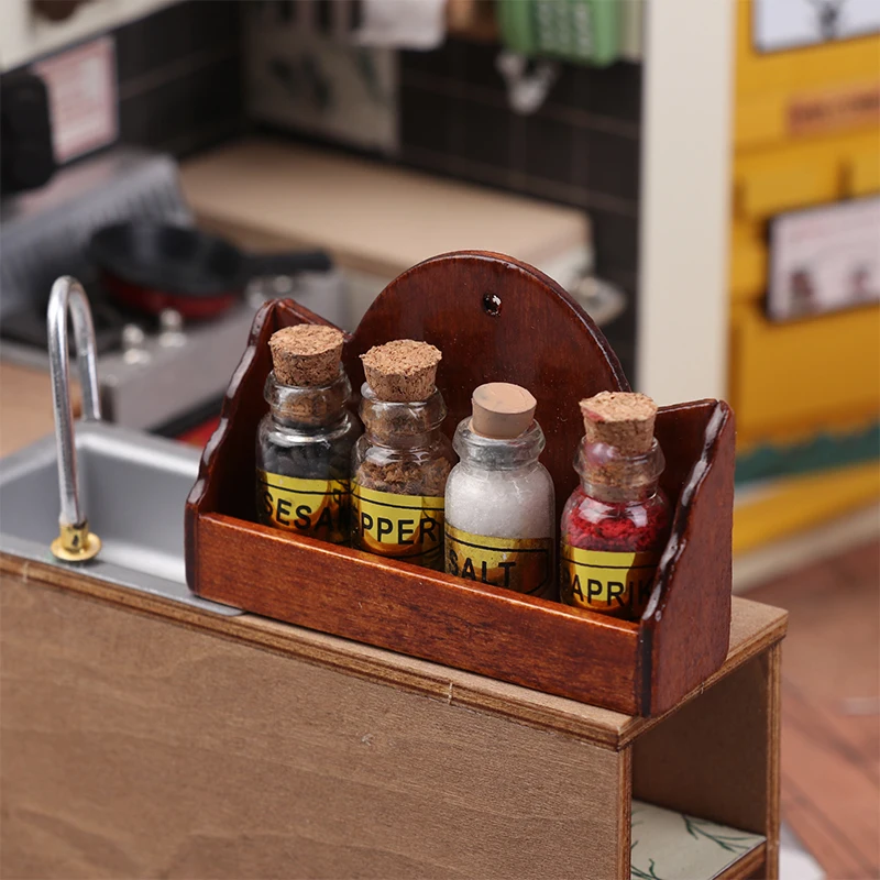 Mini botella de especias para casa de muñecas, estante para condimentos, estante de pared, muebles de cocina, decoración, accesorio de juguete, 1/12