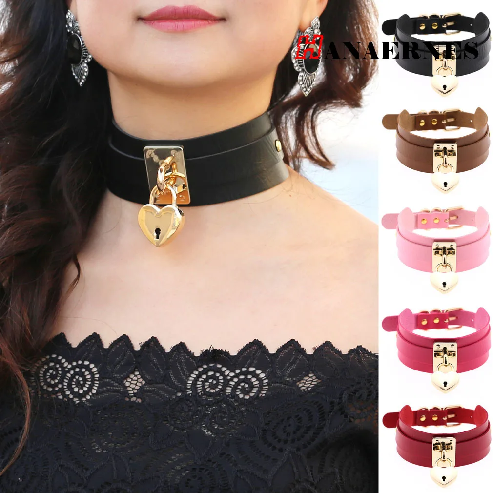 Personality Exaggerated Double-layer PU Leather Collar Neck Cover, Street Shot Nightclub Peach Heart Lock Necklace Neck Chain