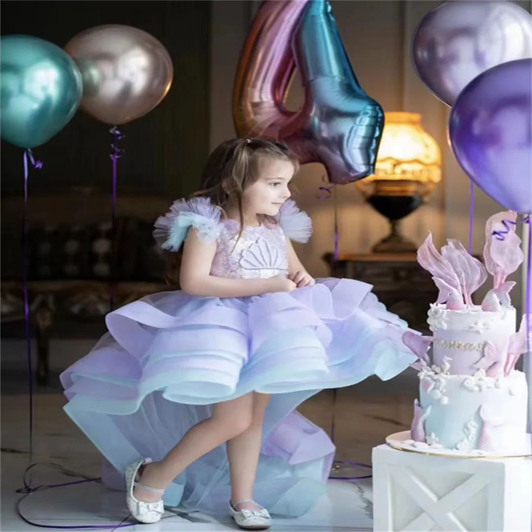 Vestido de niña de flores en capas azul y morado para boda, perlas, lentejuelas, volantes, sirena, fiesta de cumpleaños para niños, primera comunión