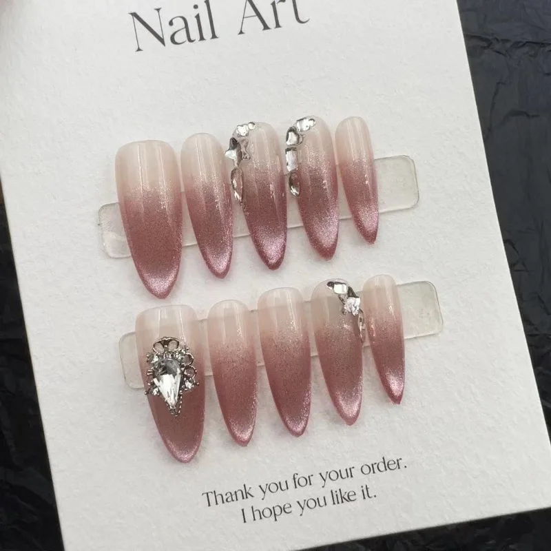 

False Nails Fake Nails Full Cover Press on Nails Removable Diy Pure Handmade Reusable Pink Cat-eye Diamond White Nude Splinters