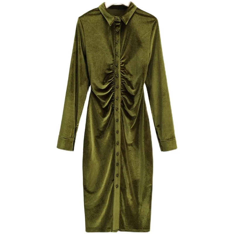 Vestido Midi de Manga Longa com Camada Base, Estilo , Cintura Média, Botão Único, Vestido H-ape