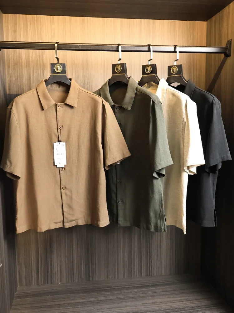 Natural Linen Men's Shirt Loose Fit Short Sleeve Fashionable Urban Style Breathable Comfortable Pure Color Turn-down Collar