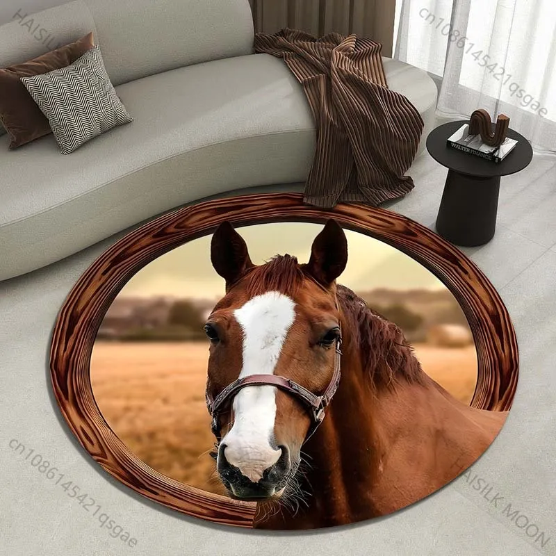Multiple sizes Horse with round wooden frame Print Round Carpet Living Room Bedroom Table Chair Sofa Decorative Carpet