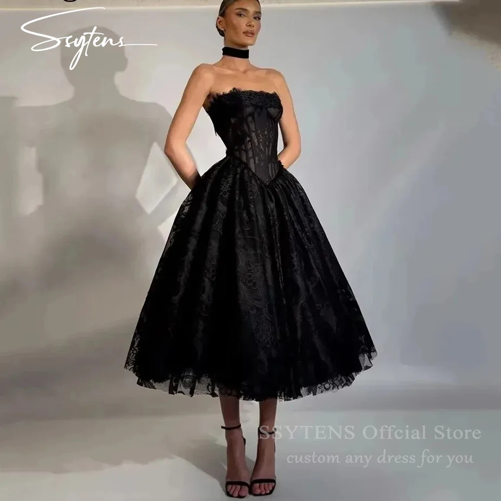 

SSYTENS Modern Black A Line Prom Dresses Wedding Party Gowns Tea Length Lace Appliques Special Occasion Prom Dress Customized