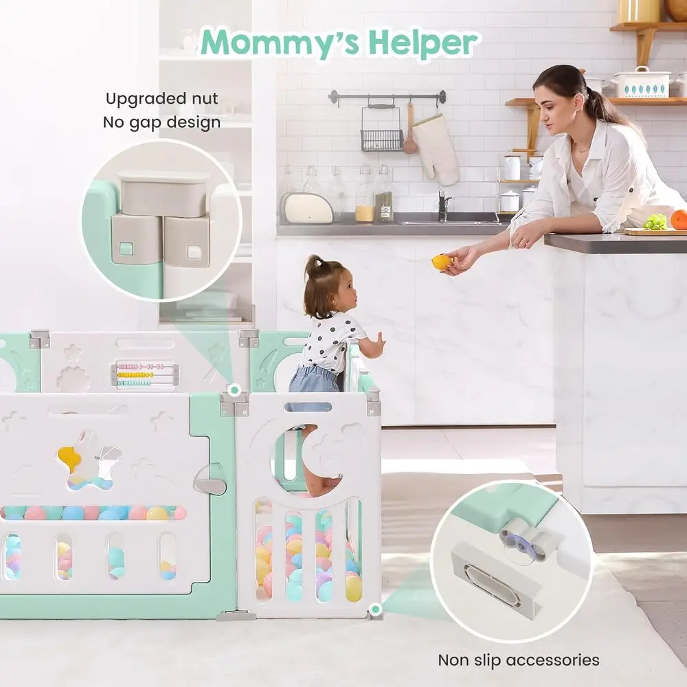 روضة أطفال قابلة للطي مكونة من 14 لوحة للأطفال، منطقة لعب داخلية/خارجية قابلة للتعديل مع لوحة ألعاب وبوابة أمان، أخضر فاتح وأبيض