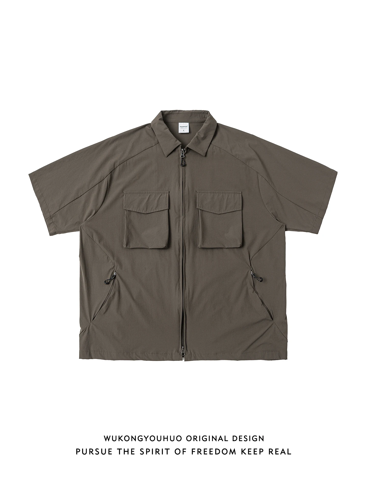 

Летняя винтажная функциональная рабочая рубашка с коротким рукавом для мужчин, свободного кроя, повседневная, с воротником и застежкой-молнией