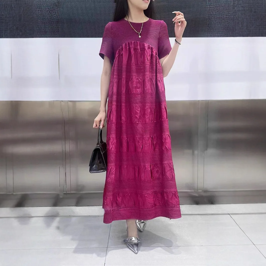 

Miyake Loose Pleated Embroidered Dress Women's Round Neck Short Sleeve A Line Dresses 2025 Summer New Tide