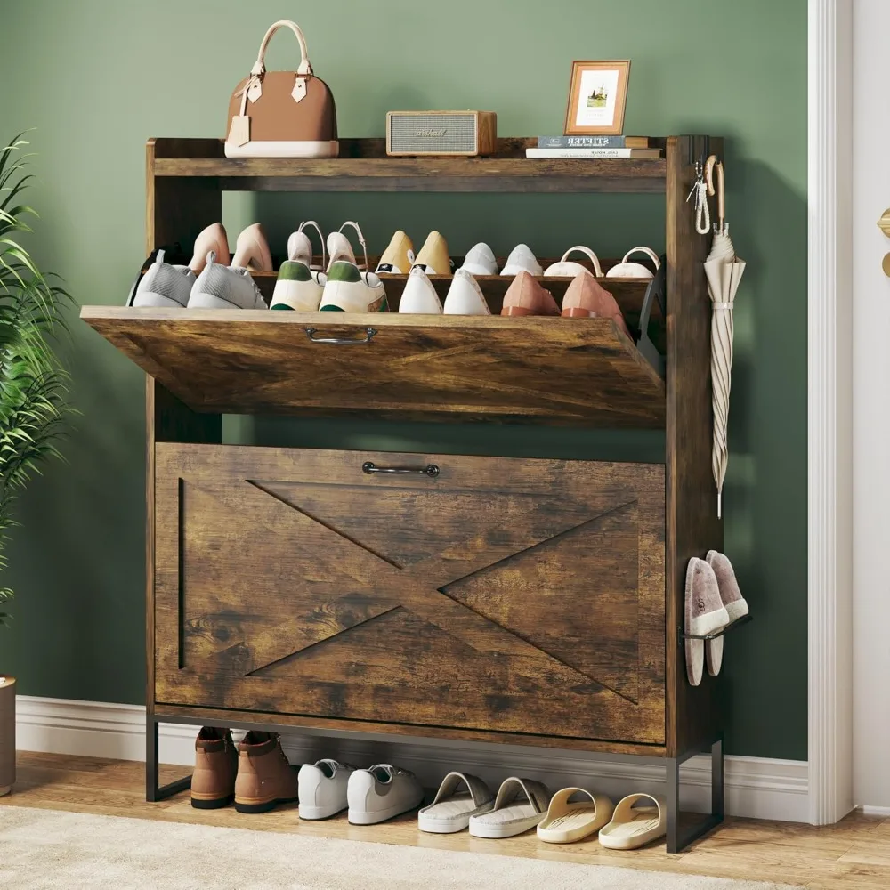 

Shoe Cabinet with 2 Flip Drawers & Adjustable Shelves, Freestanding Entryway Shoe Storage Organizer with Metal Legs, Modern Narr