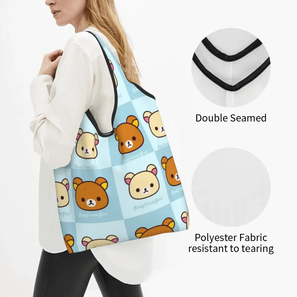 Rilakkuma Grocery Bags Durable Large Reusable Recycle Foldable Heavy Duty Korilakkuma Shopping Eco Bag Washable With Pouch