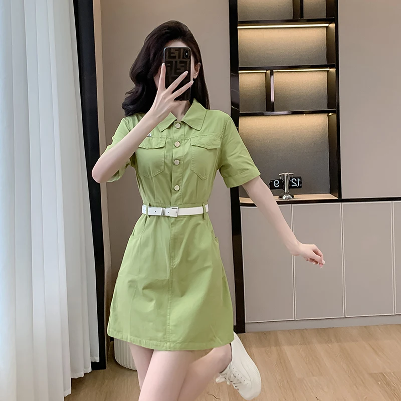 2024 Summer New Temperament Pink Simple Dress Women's Polo Neck Short Sleeve Sashes Single Breasted A-Line Chiffon Mini Skirt