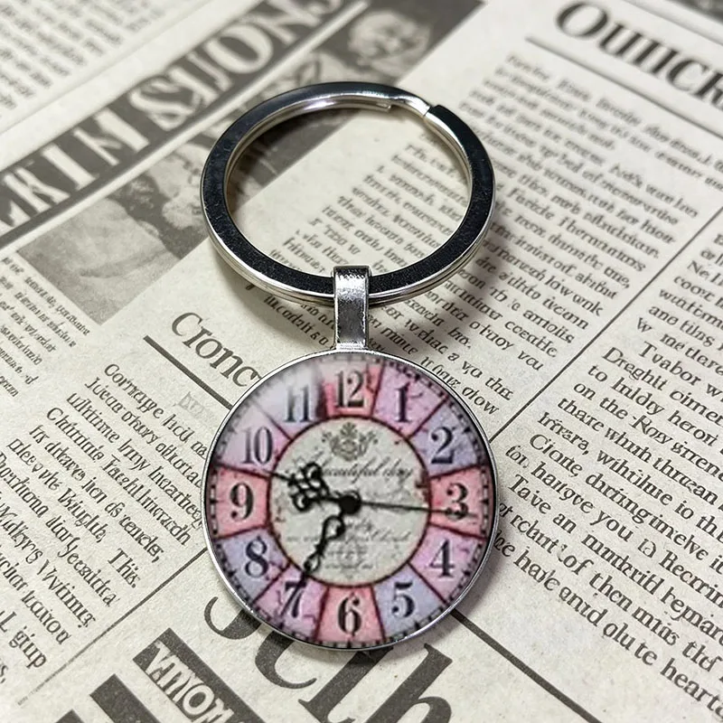 Multicolor Block Vintage Clock Glass Cabochon Keychain, Rainbow Segmented Numeral Watch Face Key Ring Charm