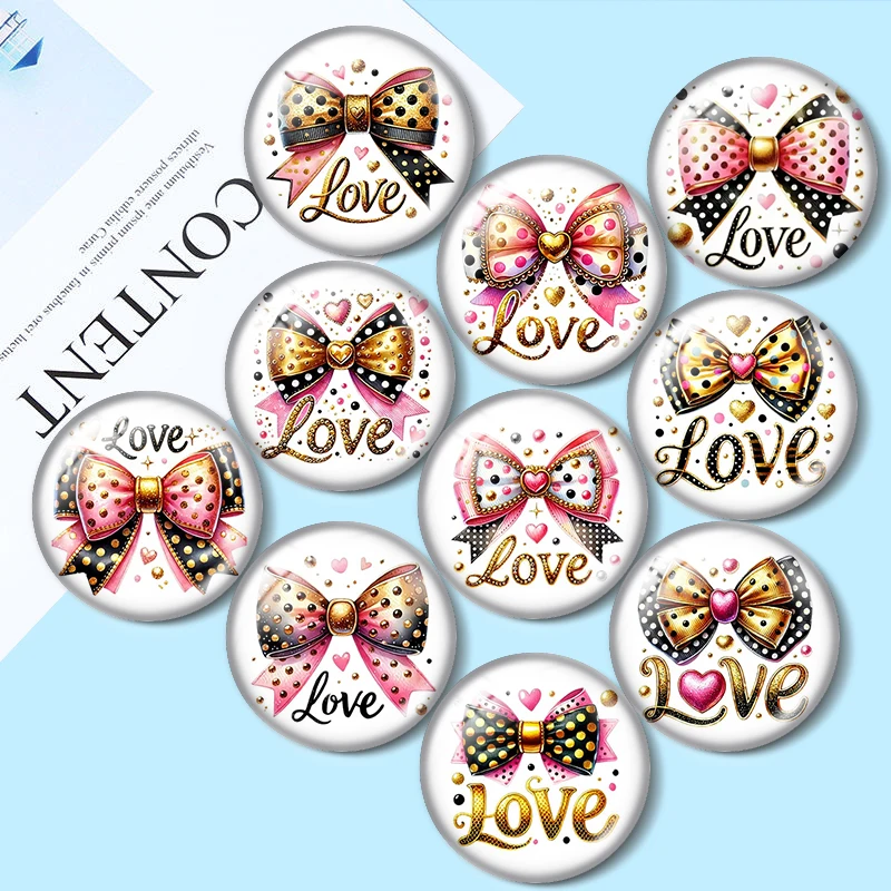Preciosos cabujones de cristal con diseño de lazo y letras de amor de 12/18/20/25mm para pulseras, colgantes, anillos, pendientes y accesorios de joyería
