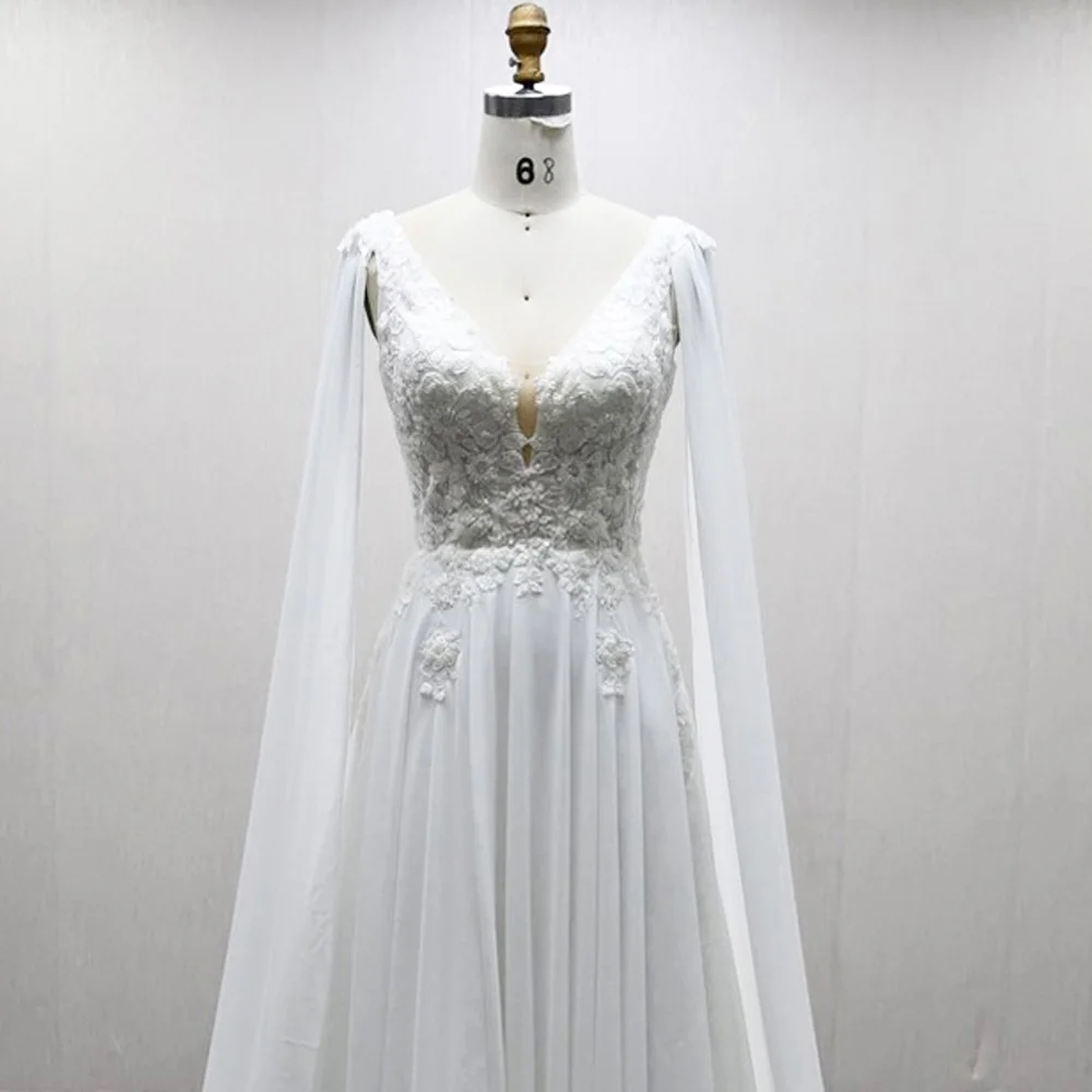 ה לה Princesa Vestido de novia con cuello en V Apliques Botón en la espalda Vestido de novia sexy