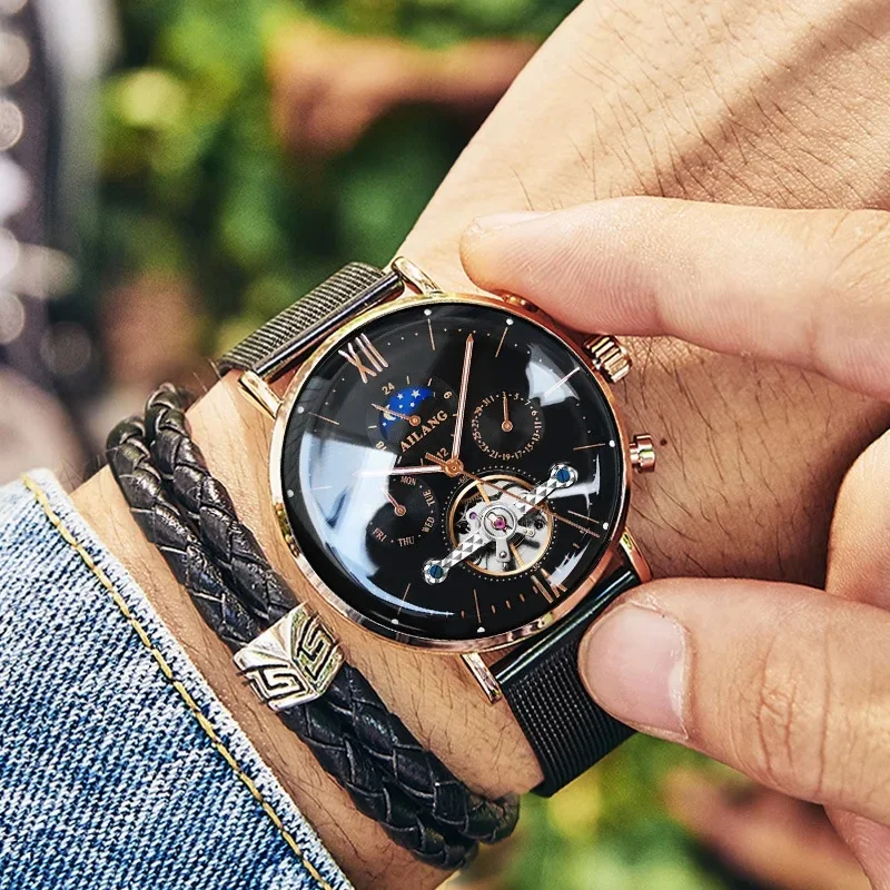 AILANG Men Tourbillon Automatic Mechanical Watch, Stainless Steel Mesh Strap Waterproof Day-Date Calendar Luxury Business Wristw