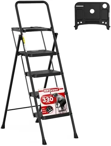 

HBTower Folding Step Ladder – Lightweight, Anti-Slip, Portable Steel Stool with Handrail