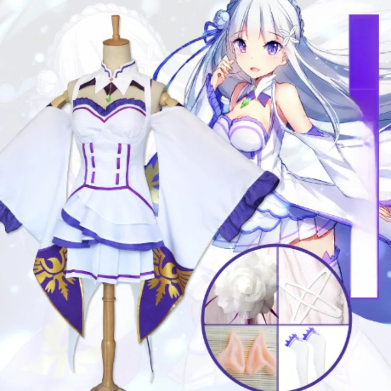

Re Zero Kara Hajimeru Isekai Seikatsu Emilia Cosplay Costumes Cloak Wig Women Dress with Headdress for Halloween Party Carnival