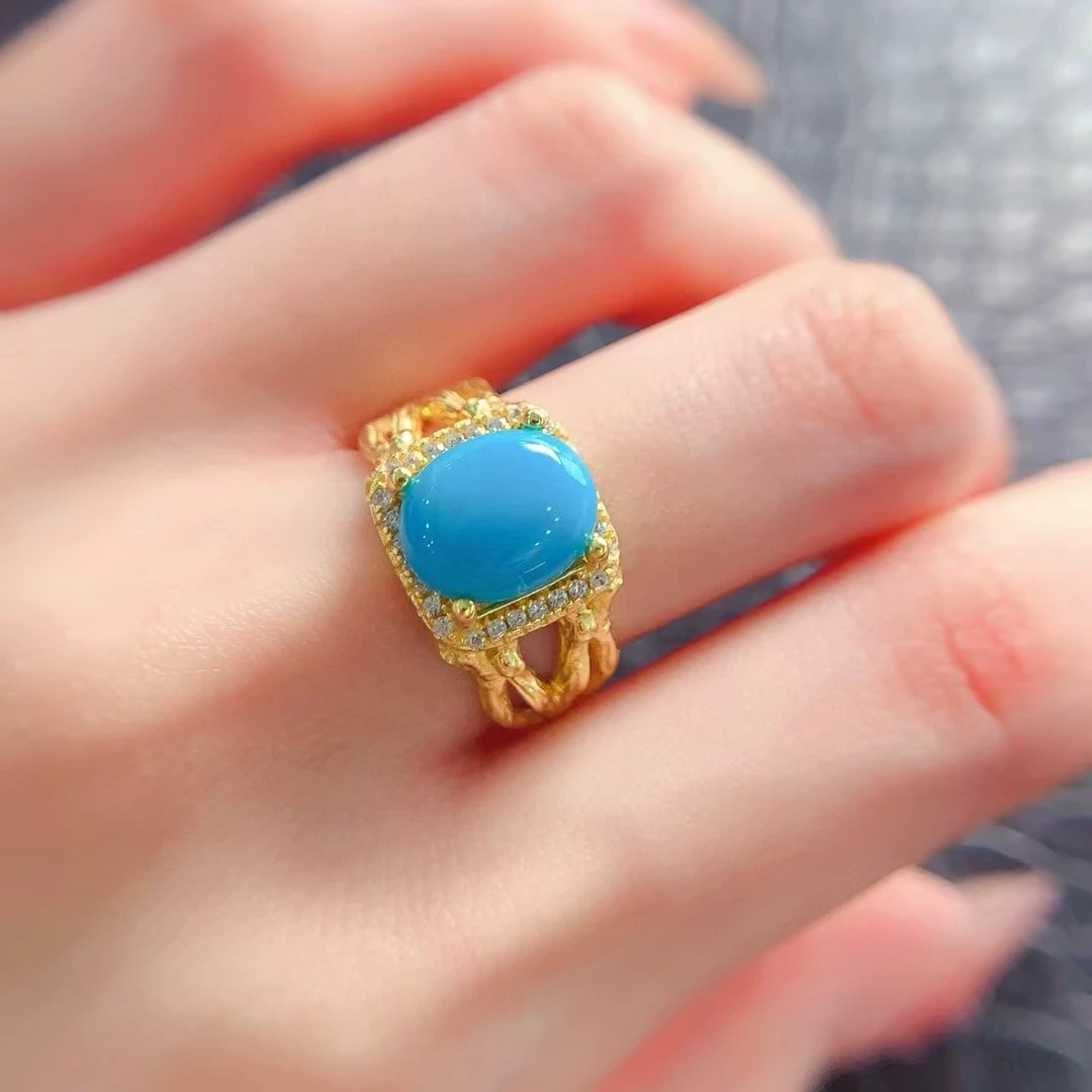 925 Silver Gemstone Ring 10mm*8mm 3ct Treated Turquoise Ring Natural Turquoise Powder Forming Gemstone Jewelry