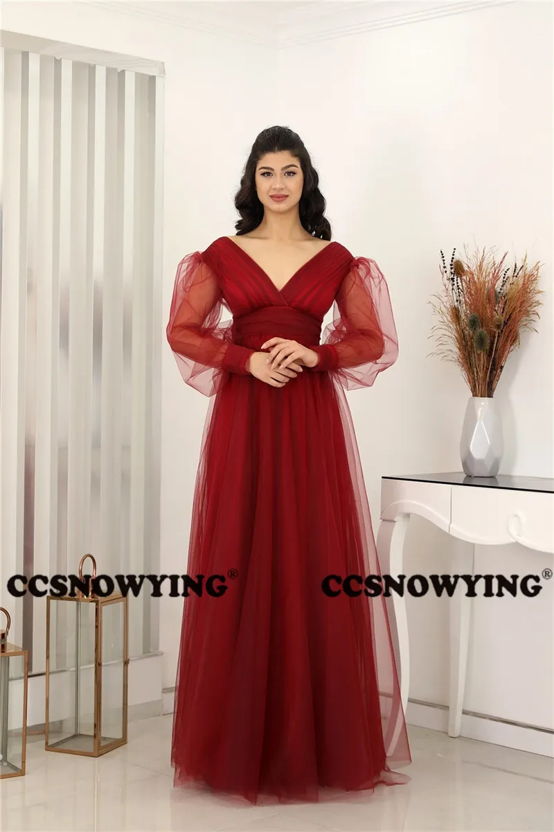 

Simple Tulle Long Sleeve Evening Dresses Double V Neck Formal Party Gowns A Line Women Robes De Soirée