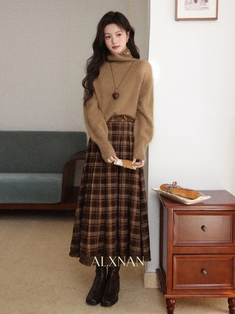 ALXNAN Vintage Plaid A-lijn Lange Rok Vrouwen Hoge Taille Geplooide Tartan Rokken Koreaanse Stijl Herfst Winter Leuke Rok Vrouwelijke L59923