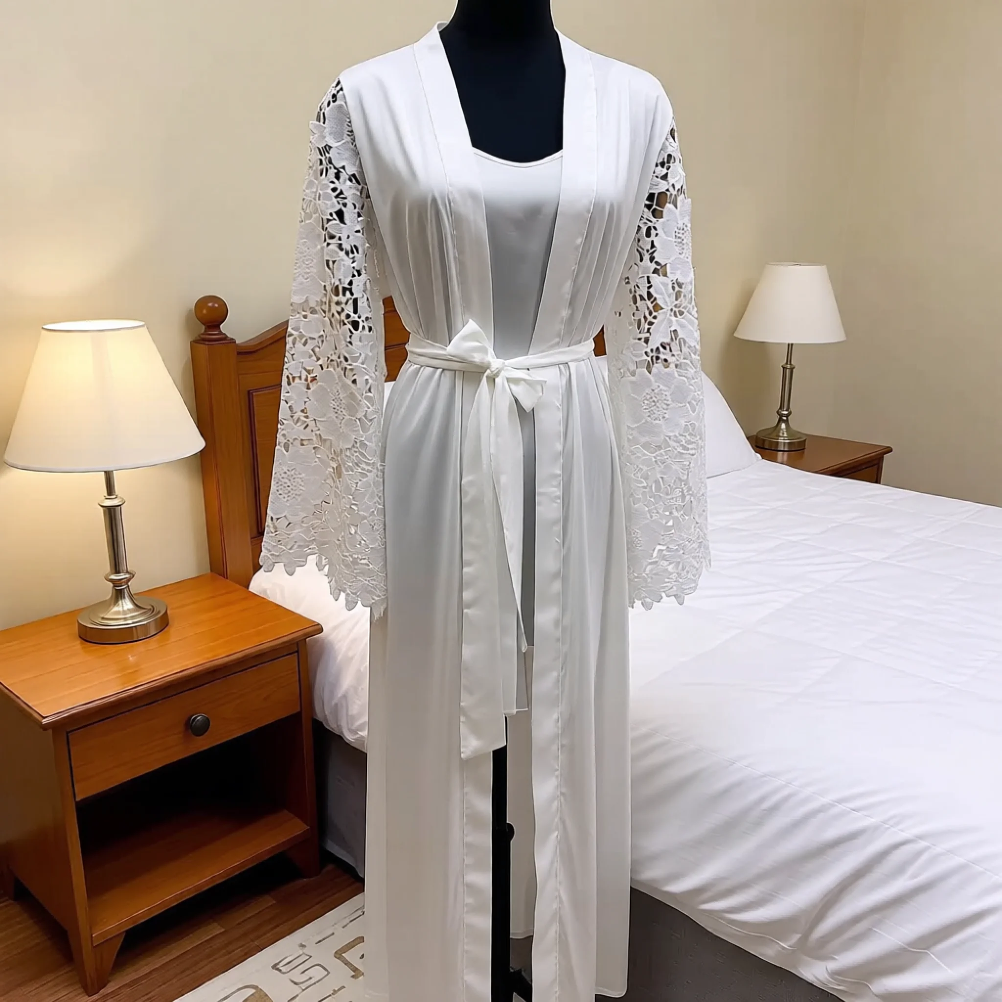 

Роскошный длинный шелковый свадебный халат, атласное кимоно с вышивкой лотоса на рукавах, белый будуарный халат, стильный домашний халат.