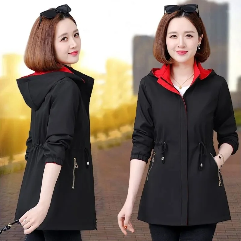 

Ветровка, женское пальто, весна-осень 2026, новая длинная двусторонняя куртка, корейское пальто с капюшоном, свободное пальто больших размеров, женское пальто