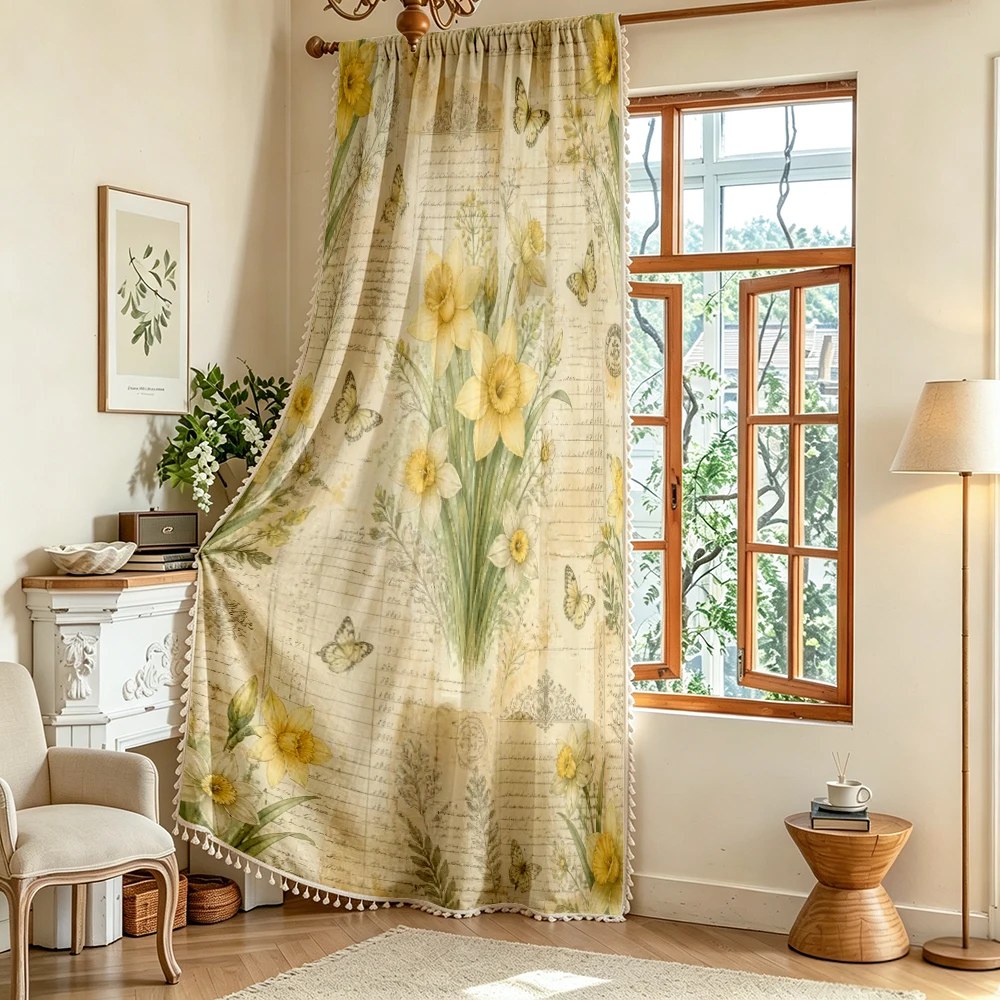1PC Vintage Tassel Sheer Curtains, Daffodil Butterfly Letter, Digital Print, Linen Polyester, Bedroom Living Room, Home Decor