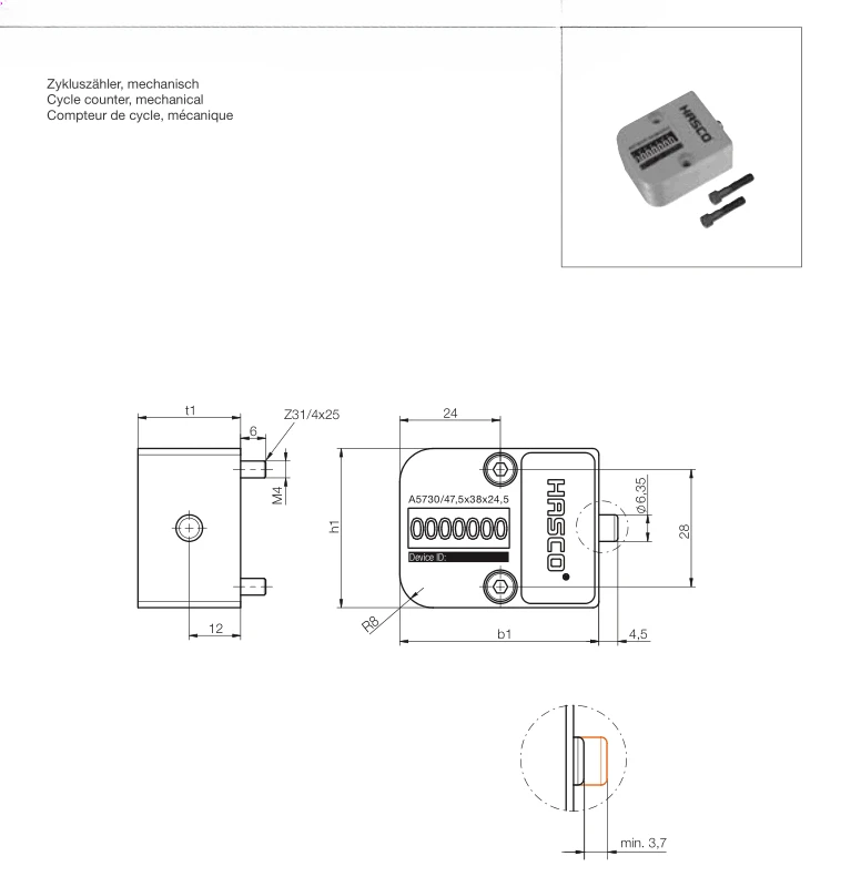 German standard mold number counter A5730/47.5 38 24.5 million times 7-digit mechanical type