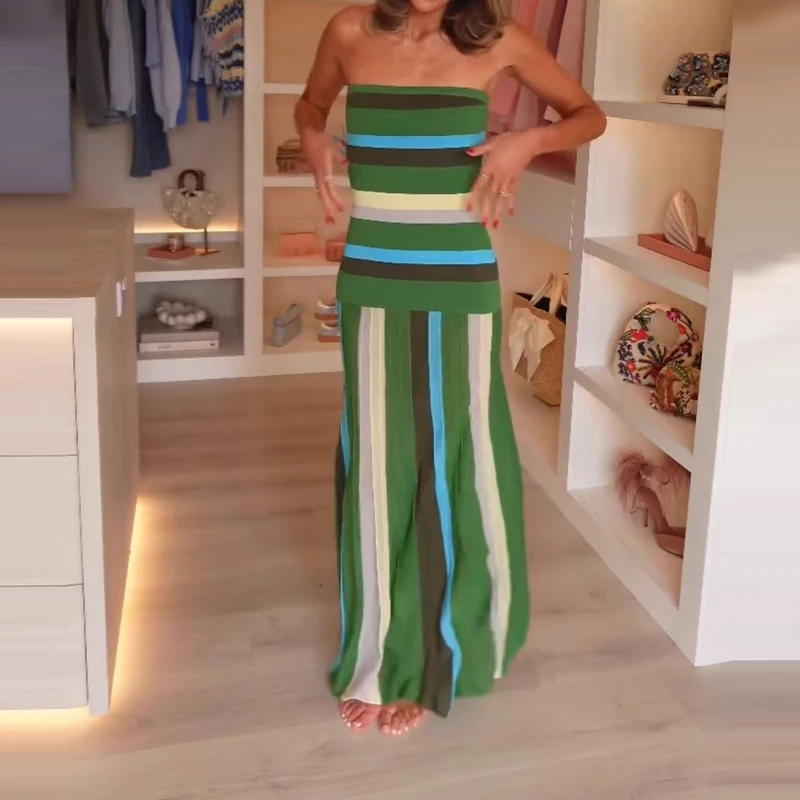 Nouvelle Robe de Plage Élégante à Imprimé Rayé et Dos Nu, Robe de Luxe Sans Manches à Empiècements, Robe Moulante Sexy à Épaules Dénudées et Taille Haute