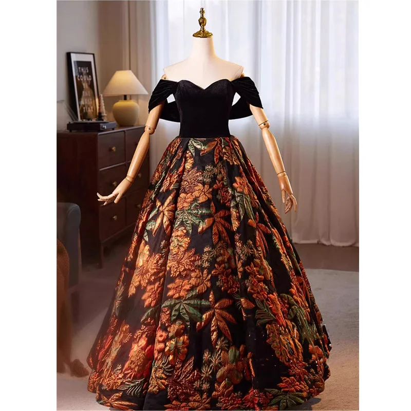 

Evening Dresses Black Velvet Jacquard Off the Shoulder Lace up Princess Floor-length Plus size Women Party Formal Gown B2895