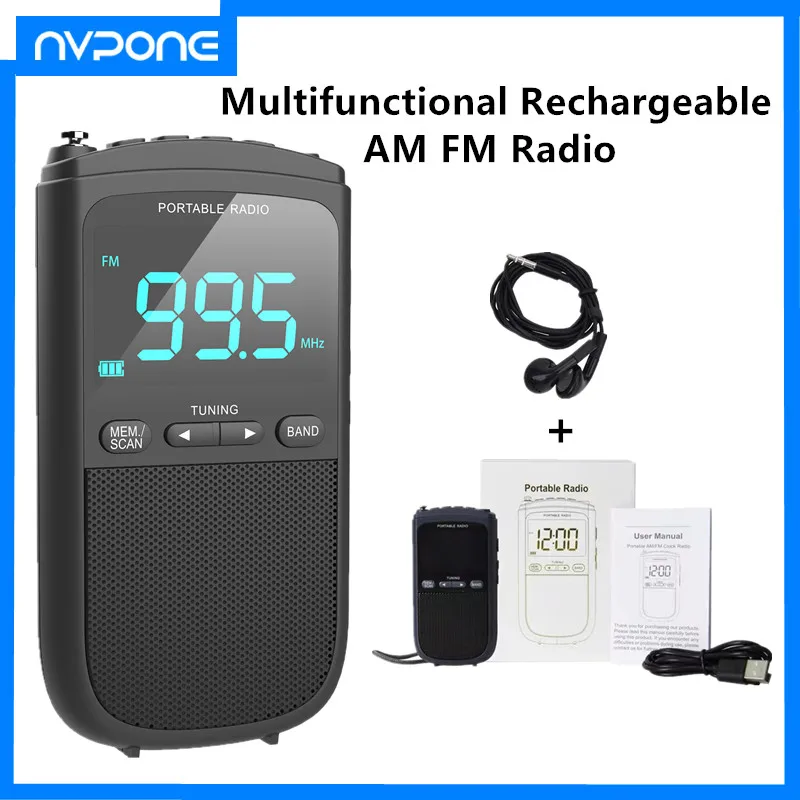 Portable AM FM Personal stereo radio rechargeable Mini FM headphone jack clock alarm pocket radio for outdoor Weather broadcast