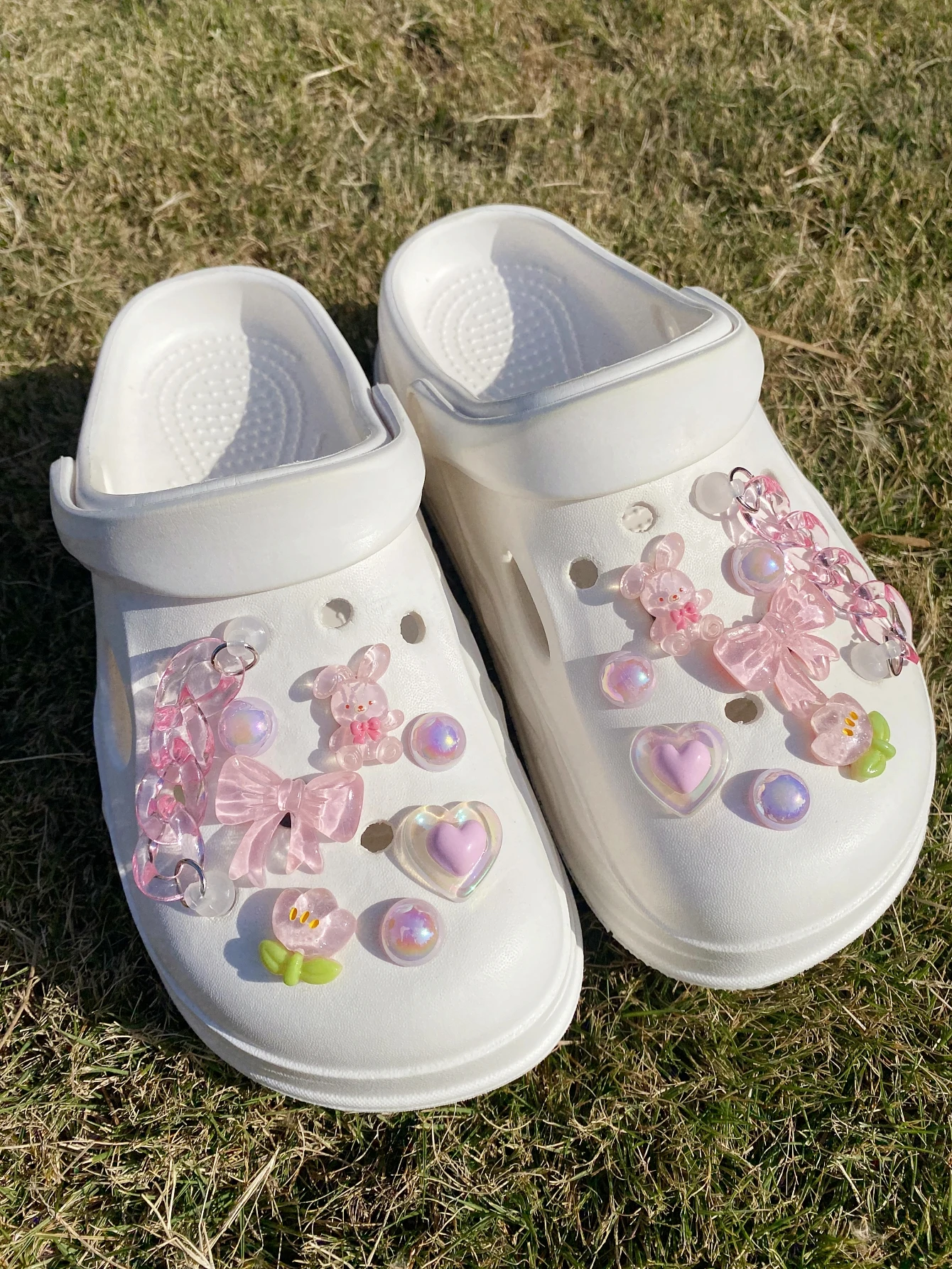 16개 토끼, 리본, 하트, 꽃, 핑크 체인 신발 버클, DIY 장식, 다기능 신발 클립 액세서리 여성용