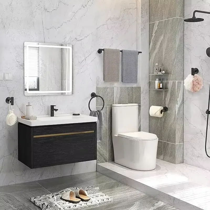 Modern Stainless Steel Bathroom Fittings Set Black 5-Piece Wall-Mounted Metal Hardware Kit for Apartment Hotel Bathroom Use
