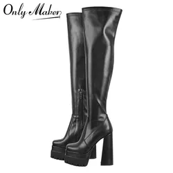 Onlymaker na buty do kolan kobiety czarny Mate grube platformy wysokie obcasy boczny zamek błyskawiczny Punk Style Square Toe Fashion Party buty