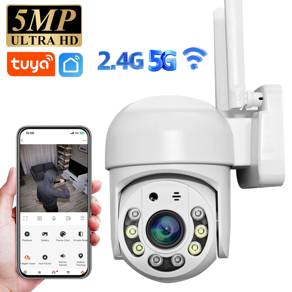 5MP HD 2.4G/5G Wifi IP Camera PTZ Outdoor Waterproof Home Security Protection Full Color Night Vision Surveillance Tuya Cam