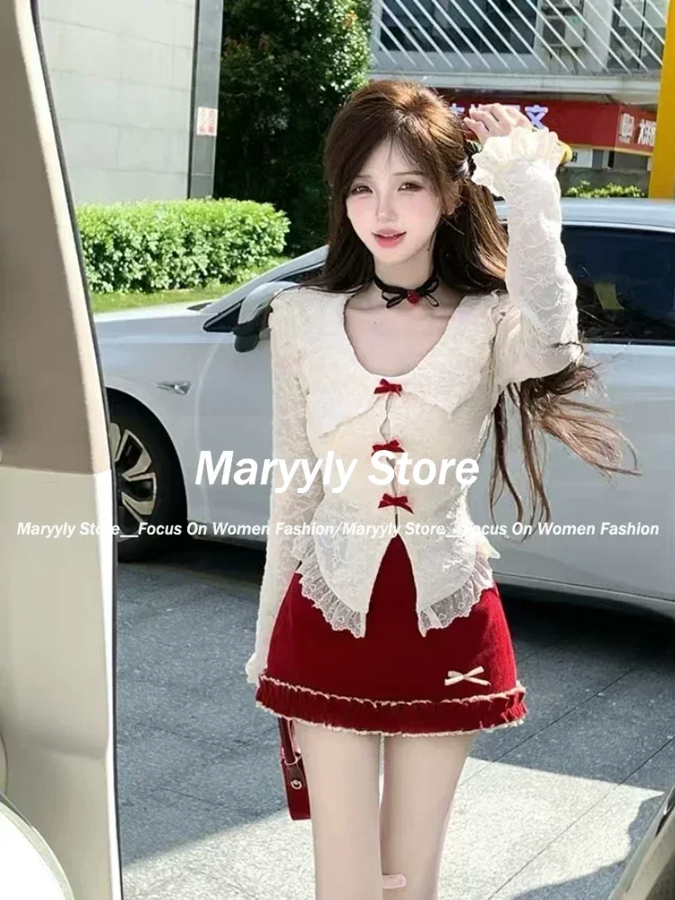 Elegant Sweet Bow 3 ชิ้นชุดผู้หญิงสาวร้อนเซ็กซี่เสื้อลูกไม้ + Casual Camisole + Y2kกระโปรงมินิฤดูใบไม้ร่วงใหม่Retroหญิงชุด