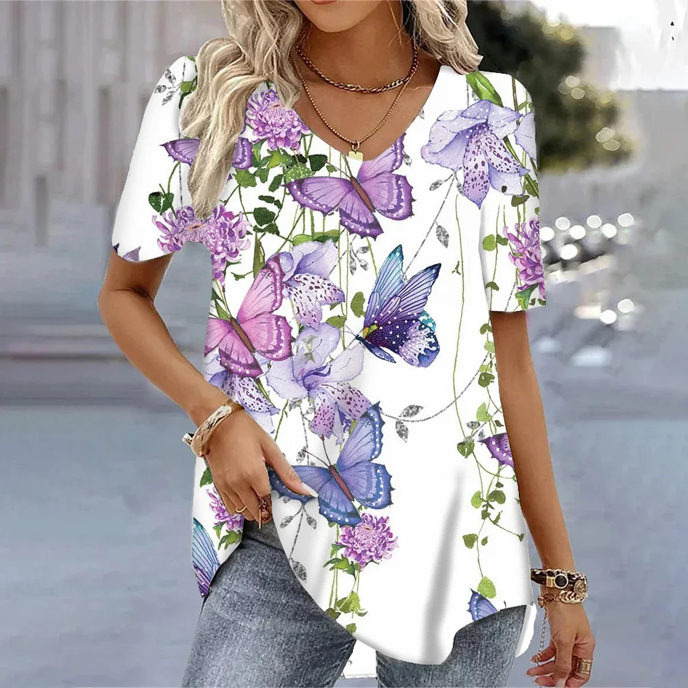 

3D Butterfly Printed Short Sleeve T-shirt Korean Style Women's Clothes 2024 V-neck Short Sleeves Tees Shirt Loose Casual Blouses