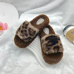 AYANA Leopard Print Slippers With Fur Plush House Slippers Flat Sandals For Women Fuzzy Open Toe Slippers Anti Skip