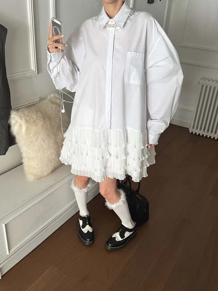 Estilo coreano primavera verão turn-down colarinho cor sólida emendado em camadas vestido mulher doce a linha vestido